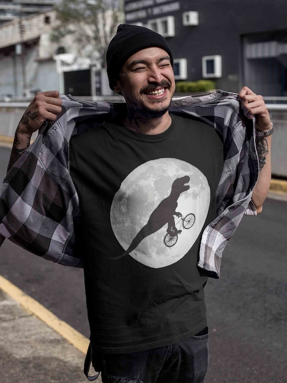 Men's Funny T Rex Shirt Bicycle T Shirt TRex Riding Bike Over Moon Hipster Shirt Dinosaur Geek Gift Idea Man Unisex Graphic T-Rex