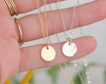 3/8 in 14kt Gold filled Hammered Disk Necklace, Personalized Initial necklace, Hand stamped, Necklace, Gold Necklace, Bridesmaid Gift