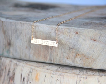 Roman Numeral 14kt Gold filled/ Bar Necklace, Gold Bar Necklace,  Initial necklace, Hand stamped,  Nameplate Necklace, Bridesmaid