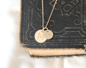 Two Charm initial Necklace,14kt Gold filled Initial Necklace,1/2 Inch and 3/8 Inch Charms, Initial necklace, Hand stamped, Letter Necklace