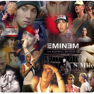 May include: A collage of images featuring the rapper Eminem. The collage includes photos of Eminem at different ages and in different settings, including a photo of him as a child, a photo of him as a young adult, and a photo of him as a successful rapper. The collage also includes photos of Eminem performing on stage, recording music in the studio, and hanging out with friends. The collage is a celebration of Eminem's life and career.
