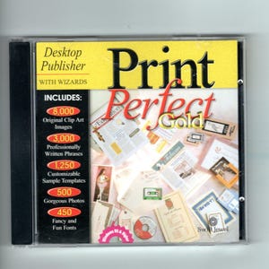 May include: A CD-ROM case with the title "Print Perfect Gold" in black and red lettering. The disc includes 8,000 clip art images, 3,000 phrases, 1,250 templates, 500 photos, and 450 fonts. The case has a yellow background.