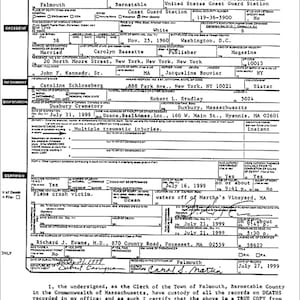 Impressão de reprodução da certidão de óbito de JFK Jr 8 x 10