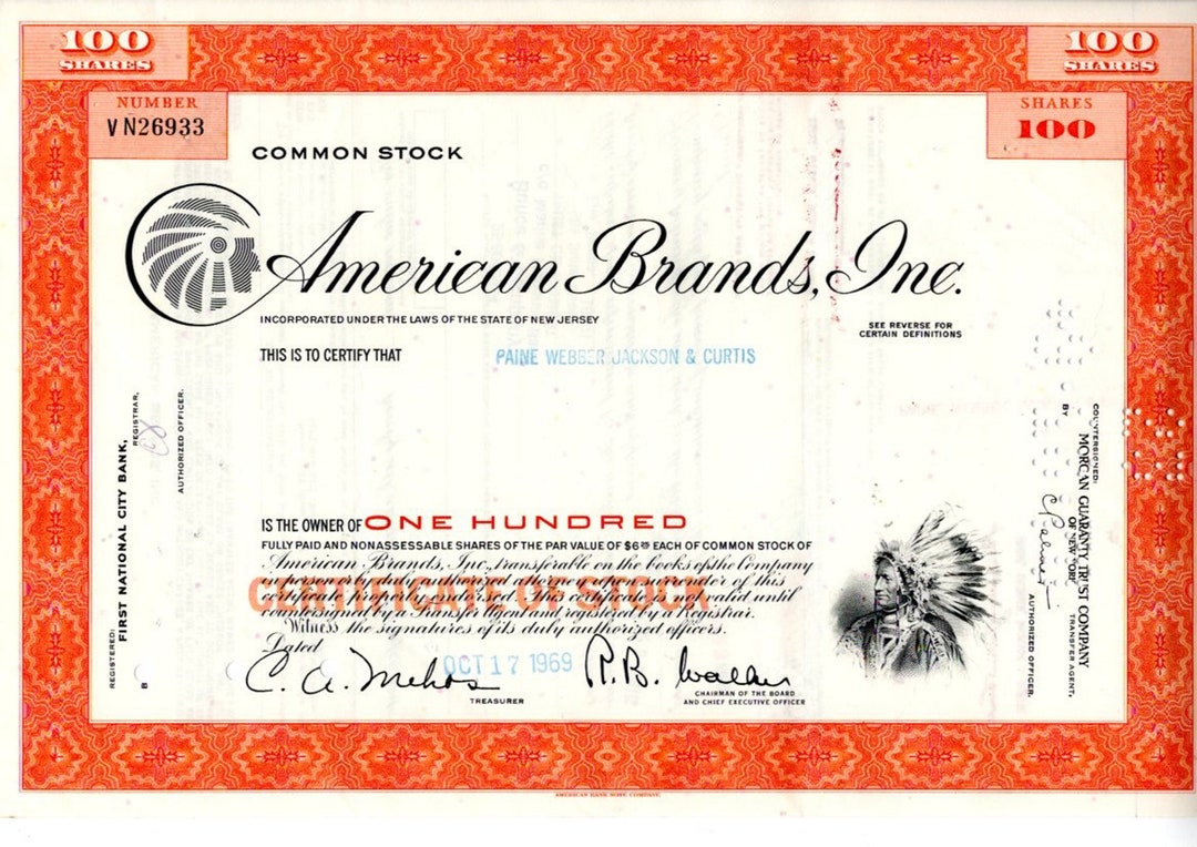Vintage American Brands Company Stock Certificate Red Etsy