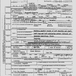Reprodução da certidão de óbito de John Lennon