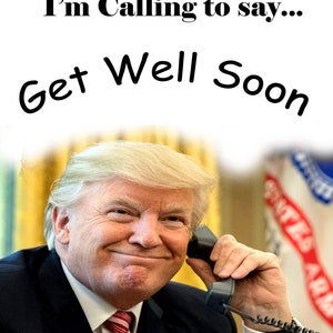 May include: A man with blonde hair is on the phone, smiling and saying "I'm calling to say... Get Well Soon".