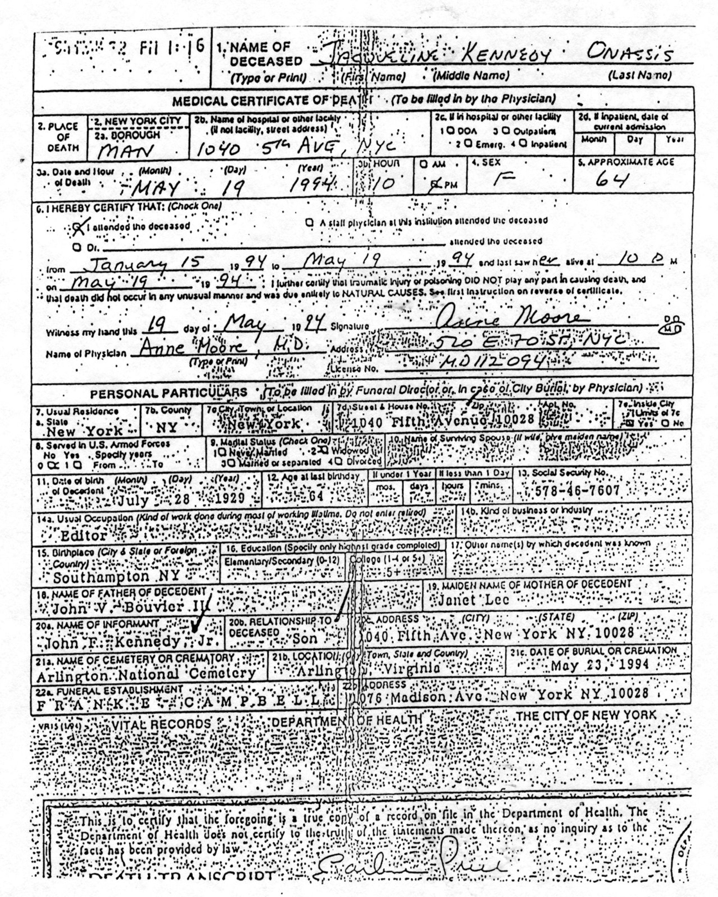 Jackie Onassis Death Certificate Reproduction Print 8 X 10 - Etsy