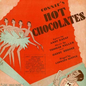Puede incluir: Portada de partitura vintage de "Ain't Misbehavin'" con fondo rojo y el título "Connie's Hot Chocolates". La ilustración incluye bailarines estilizados, un músico tocando el saxofón y la letra de la canción.