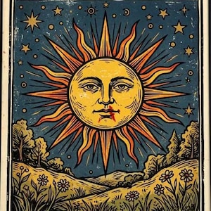 May include: A rectangular print featuring a central yellow sun with a human face and a red mark on its lip, set against a dark blue starry sky. Below, a landscape of rolling hills with flowers and trees is depicted. The text reads the sun.