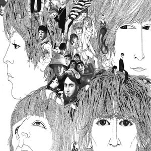 May include: Black and white line art album cover for the Beatles' album "Revolver". The cover features a collage of the band members' faces, with their hair flowing out from the centre of the image.