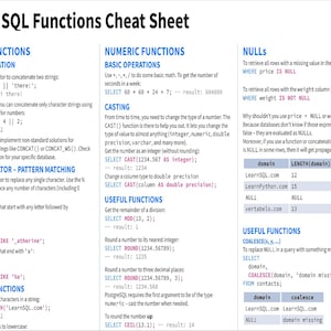 May include: A cheat sheet with SQL functions for text, numeric, and null values. The cheat sheet includes examples of how to use each function, as well as explanations of the different types of functions.