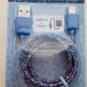 May include: A blue Type C USB cable with a braided multi-colored cord. The packaging reads "High Speed Charging & Data Transfer" and "USB 2.0 to Type C". The cable is 39 inches (99 cm) long.