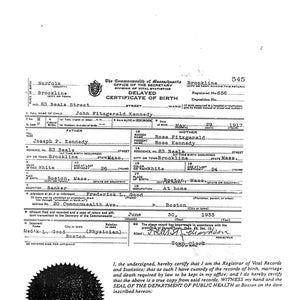 Impressão de reprodução de certidão de nascimento JFK 8 x 10