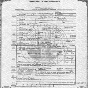 Reprodução da certidão de óbito de George Harrison