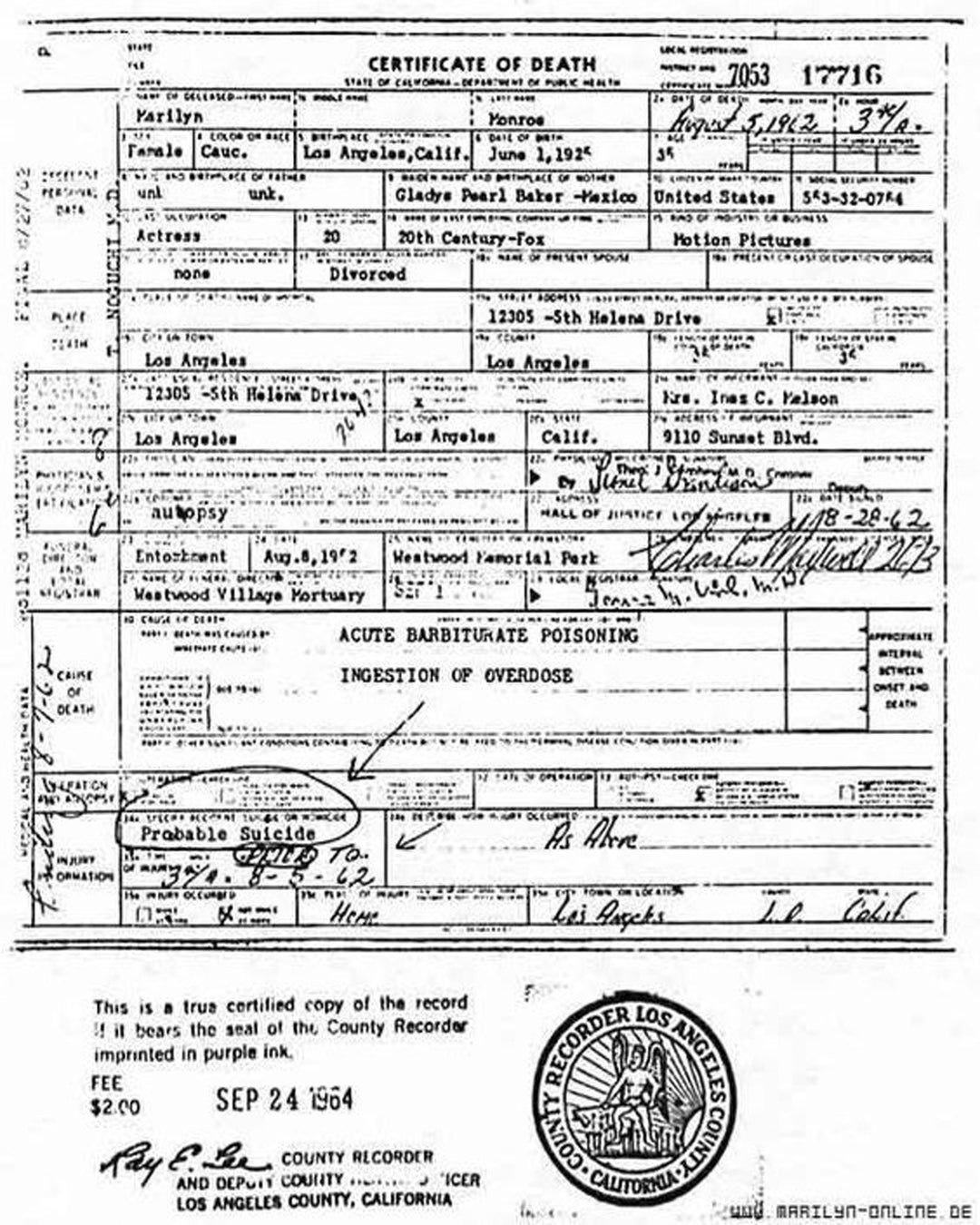 Marilyn Monroe Death Certificate Reproduction Print 8 X 10 Etsy Marilyn Monroe Death Certificate Reproduction Print 8 X 10 Etsy