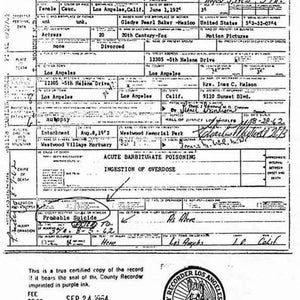 Reprodução da certidão de óbito de Marilyn Monroe, impressão 8 x 10