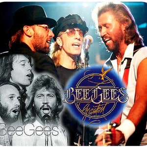 May include: A collage of images featuring the Bee Gees, a popular music group. The image includes a photo of the band members in their younger years, a photo of the band members in their later years, and a logo for the band's greatest hits album. The logo is blue and white and features the band's name in a stylized font.
