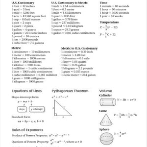 May include: A black and white reference sheet with the title "Mathematics Reference Sheet". The sheet includes conversion tables for US Customary and Metric units, equations of lines, the Pythagorean Theorem, and volume formulas for a cylinder, cone, and sphere.