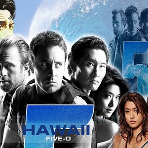 May include: A black and white promotional poster for the TV show "Hawaii Five-O". The poster features the main cast members, including Alex O'Loughlin, Scott Caan, Daniel Dae Kim, Grace Park, and  Masi Oka. The show's title is prominently displayed in blue text.
