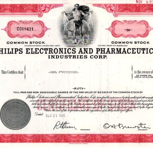 May include: Vintage Philips Electronics and Pharmaceutical Industries Corp. common stock certificate. The document features red borders, a central illustration, and text including the company name and "-FIFTY-".