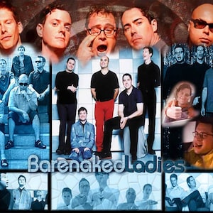 May include: A group of men in a band called "Barenaked Ladies" pose for a photo. The band members are wearing a variety of clothing, including jeans, t-shirts, and button-down shirts. The photo is set against a backdrop of a chequered pattern.