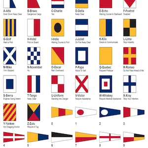 以下が含まれることがあります： さまざまなデザインと意味を持つ、航海信号旗のコレクションを示すチャート。旗はさまざまな色とパターンで、海上でのコミュニケーションに使用されます。各旗にはテキストが添えられ、その意味が説明されています。