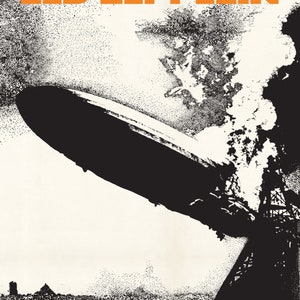 Könnte beinhalten: Schwarzweißes Poster mit der Silhouette eines Luftschiffs, aus dessen Heck Rauch aufsteigt. Der Text "LED ZEPPELIN" ist oben auf dem Poster in Orange gedruckt.