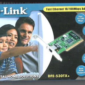 May include: A D-Link DFE-530TX+ Fast Ethernet 10/100Mbps Adapter network card with a green circuit board and a RJ-45 connector. The card is shown in a box with a family of three people in the background.