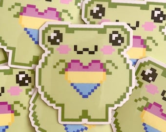 Cute Pixel Frog With Bisexual Pride Heart Sticker | 5x5cm | Vinyl ...