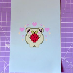 Pixel Art Froggy With Strawberry Print | 4x6 | A6 | Pixel Art | Froggy Print | Cute Pixel Art Digital Illustration