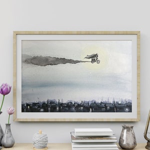 Wizard Magic World Print Signed- Rider on a flying motorcycle flies over London with gold