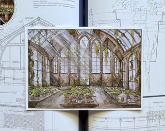 Wizard Magic World Print A5 Postcard - Greenhouse, Aesthetic Herbology Classroom with mandrakes and magic castle with gold inserts