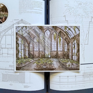 Wizard Magic World Print A5 Postcard - Serre, Salle de classe d’herbologie esthétique avec mandragores et château magique avec inserts dorés