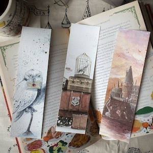 Wizard Magic World Print Canvas Bookmark - magic school ,white owl ,platform 9, owlery, the hut, potions, purple bus, train, herbology