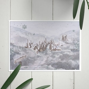 Wizard Magic World Print A5 Postcard - Village de Hogsmeade dans la neige, ambiance hivernale avec insert argenté avec inserts argentés