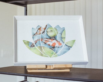 Carp Koi in Loto Flower - Watercolor Handmade with frame