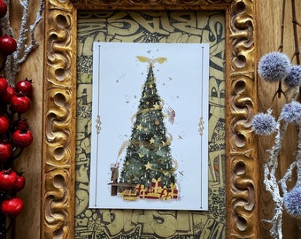 Wizard Magic World Print A5 Postcard - Sapin de Noël décoré par le professeur avec impression signée de hiboux