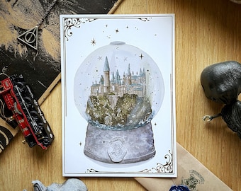 Wizard Magic World Print A5 Postcard - Hogwarts Castle in winter snowglobe with silver