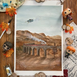 Wizard Magic World Print Signed- Express train and Ford Anglia - Fall and Halloween vibes with gold insert - magic school