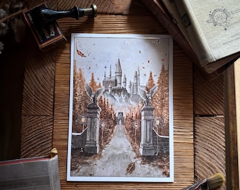 Postal A5 con impresión del Mundo Mágico del Mago - Regreso a la Escuela de Magia del Castillo - Entrada de Gárgolas - Árboles otoñales - Vibras otoñales - Inserciones plateadas