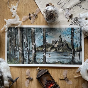 Wizard Magic World Original Print - Magic school Castle and spirit in the wood