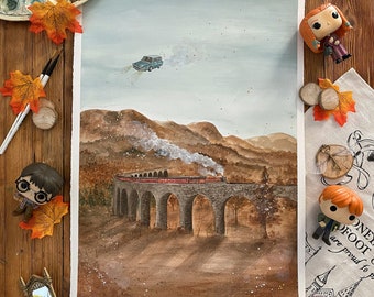 Wizard Magic World Print Signé- Train express et Ford Anglia - Ambiances d’automne et d’Halloween avec insert doré - école de magie