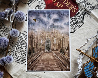 Wizard Magic World Print A5 Postcard - The Great Hall decorated for Christmas, flying candles, Christmas trees, snow and professors