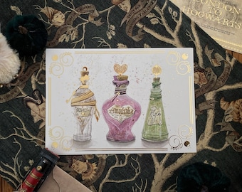 Wizard Magic World Print A5 Postcard - Felix Felicis, Amortencia, Polyjuice - Magic Potions with gold