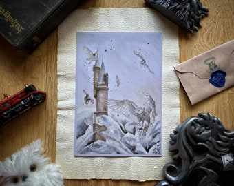 Wizard Magic World Print A5 Postcard - Magic school castle owlery tower, snowy owl in the mountains with gold