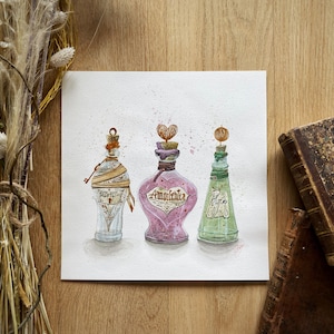 ORIGINAL WATERCOLOR DRAWING Wizard Magic World - Felix Felicis, Amortencia, Polyjuice - magic Potions with gold