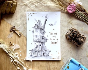 Wizard Magic World Print A5 Postcard - The burrow Sketch with gold "it's not much, but is home"