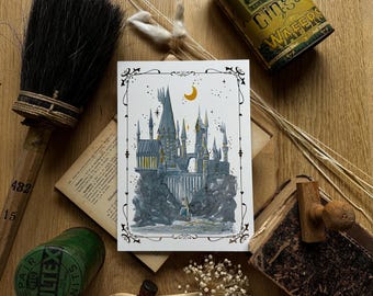 Wizard Magic World Print A5 Postcard - nightly Magic school Castle with moon - gold inserts