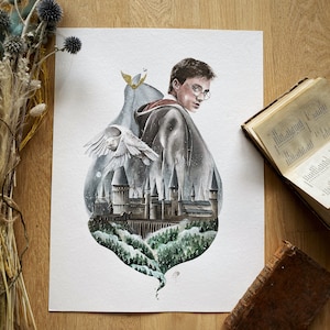 ORIGINAL WATERCOLOR DRAWING Wizard Magic World - Castle school in the wood , Hedwig, Golden Snitch