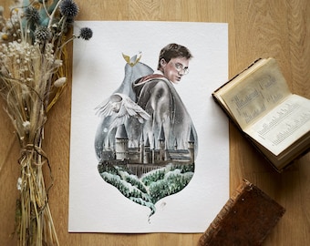 ORIGINAL WATERCOLOR DRAWING Wizard Magic World - Castle school in the wood , Hedwig, Golden Snitch